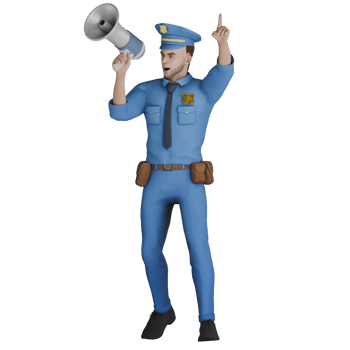 Professional Male Cartoon Police in 3D. A male policeman stands with his left leg slightly raised upwards while his right hand holds the loudspeaker and his left hand points upwards. Cop Character png