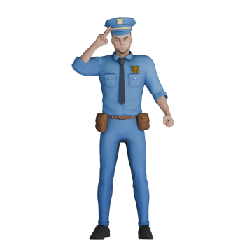 Cartoon of a Male Cop. A male policeman stands with his right hand pointing towards the hat. 3D Police Style png