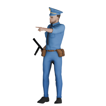 3D Cartoon Lawman. A male policeman stands facing right with his left hand pointing forward while his right hand holds a baton at his waist. Policing Tactics png