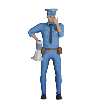 Cartoon Cop's Daily Routine in 3D. A male police officer stands with his left hand holding his forehead while his right hand holds a loudspeaker at his waist. Male Officer png