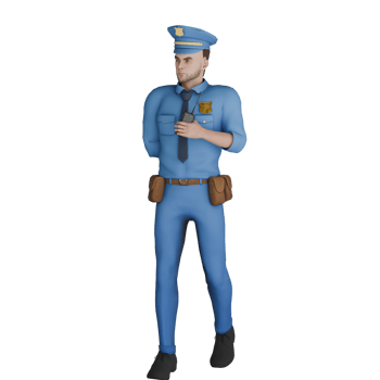 Male Cartoon Cop in Action. A male policeman walks with his left hand holding the ht while his right hand is bent behind his back. 3D Police Chase Scene png