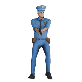 3D Professional Cartoon Cop Character. A male policeman stands with both hands holding a gun towards the front. Male Officer png