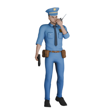 Professional Cartoon Police Character. A male polie officer stands with his left hand holding a HT while his right hand holds a gun. 3D Male Model png