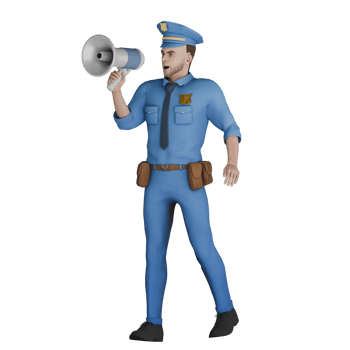 Illustrative 3D Cartoon Cop. A male policeman walks to the right with his right hand holding a loudspeaker. Police Leader png