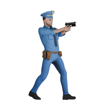 3D Male Cartoon Police on Patrol. A male policeman walks facing left with both hands holding a gun towards the front. Cop Action png