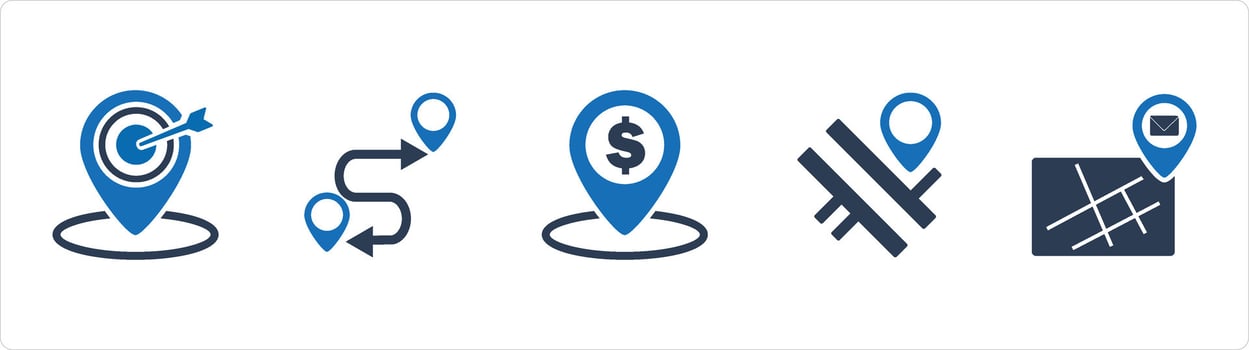 A set of 5 Business icons as target location, route map, bank location vector