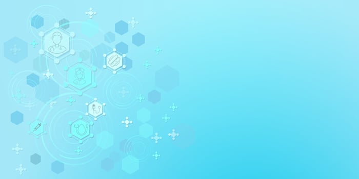 Medical research and technology with hospital icon and hexagon blue light background. vector