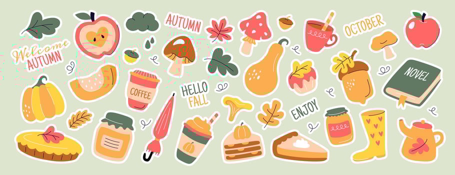 Cute autumn fall daily planner stickers. Season journal diary labels, cozy scrapbook icon set for bullet journals, notebook, diaries or calendar. Notebook decor print pack with pumpkin, leaves, acorns vector