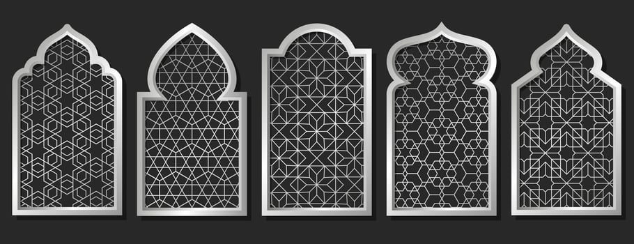 Arabian mosque window, arabic door with arabesque ornament shapes. Old islamic frames, arches with metal geometric motif pattern. Muslim palace architecture borders, gates with mashrabiya silver panel vector
