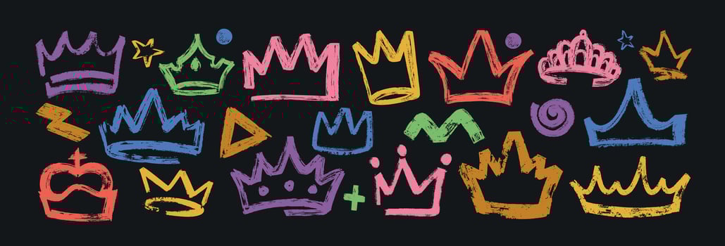 set grunge bold king crowns on black background. Color prince diadem. Hand drawn brush stroke princess tiara, royal queen head accessories, star, dots with spray paint texture in graffiti style vector