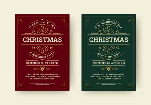 Christmas night party invitation retro flyer design template set flat illustration vector