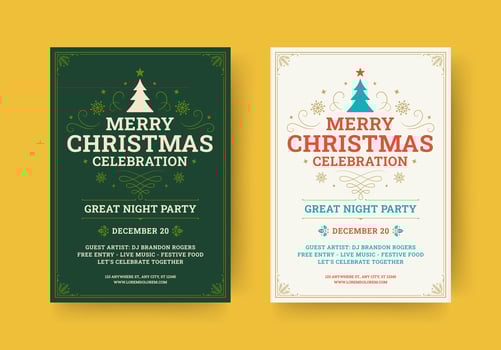 Merry Christmas celebration night musical party retro flyer design template set flat vector