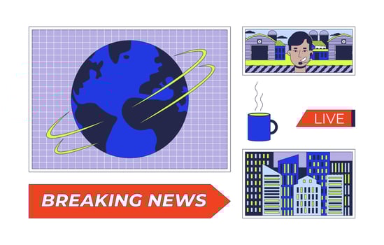 Newsroom setup displays 2D cartoon objects set. Headlines breaking news screens isolated elements flat cliparts on white background. Live broadcasting reporter. Spot illustrations collection vector