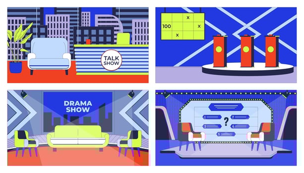 Entertainment TV shows studio setups cartoon flat illustrations set. Television broadcasting 2D interiors colorful backgrounds. Drama, games programs scenes storytelling images collection vector