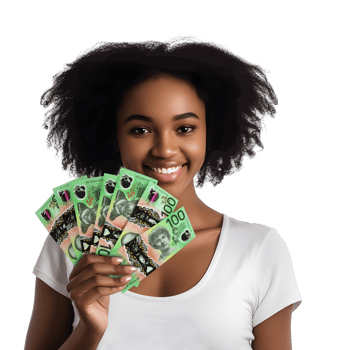 Young black woman holding Australian dollar and showing notes to camera over white background with copy space, African lady happy similing, hand holds money cash, Australia currency png