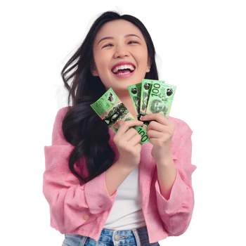 Korean woman with Australian dollar notes isolated on a transparent background. Financial freedom, wealth and face of happy, excited and rich female with cash in her hands png