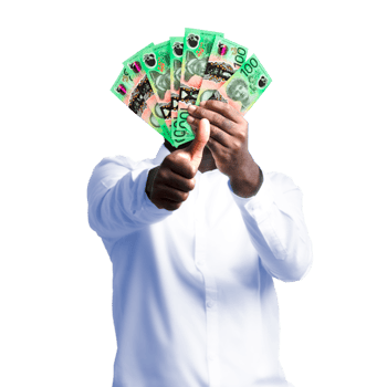 Black person holding Australian dollar notes and making thumbs up to the camera. Hand holding Australia dollars currency notes png