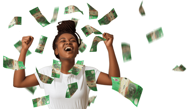 Australian dollar notes raining on black African woman with braids excited looking up with hands in the air over transparent background, money pouring on person png