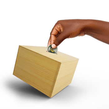 Black Hand putting abstract Ghanaian cedi coin into wooden savings box isolated on white background, personal, future, investment, african, brown, skin, save, money png