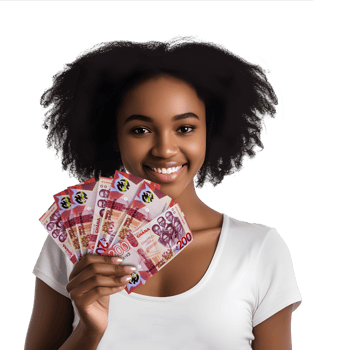 Young black woman holding and showing Ghanaian cedi notes to the camera over transparent background, African lady happy smiling hand holding cash Ghana currency png