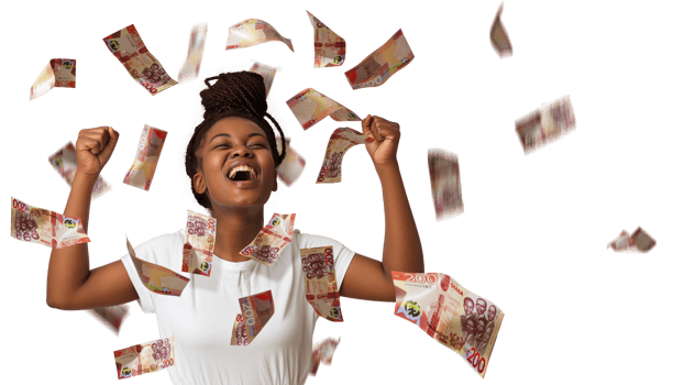 3D rendering of 200 Ghanaian cedi notes flying around an excited black lady in different angles and orientations isolated on transparent background. png