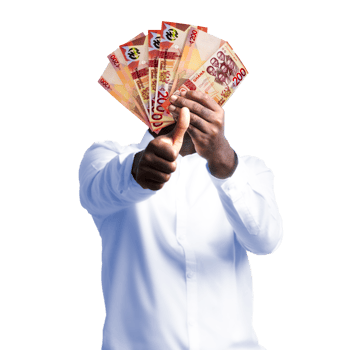 Black person holding Ghanaian cedi notes and making thumbs up to the camera. Hand holding Ghanaian currency notes, 3d rendered money isolated on transparent background png