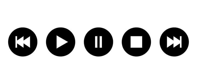 Play, pause, stop, previous track and next icon on black circle. Media player concept vector