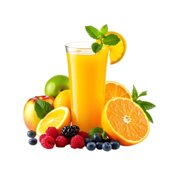 fresh fruit juice with orange, blueberry, raspberries and berries isolated on transparent background png