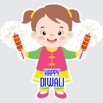 Sticker Style Happy Diwali Text with Cute Indian Girl Character Holding Fireworks Rockets in Standing Pose on Grey Background. vector