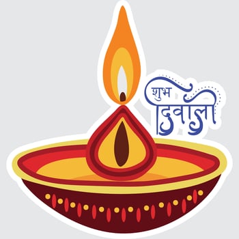Sticker Style Hindi Text of Shubh Diwali with Illuminated Oil Lamp on Grey Background. vector