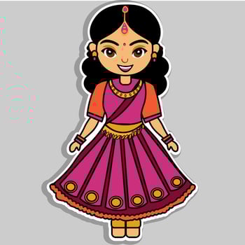 Sticker Style Beautiful Indian Girl Character in Traditional Dress on Grey Background. vector