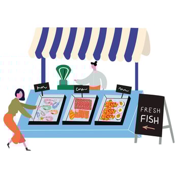 Farmers market. Fall harvest illustrations. Flat characters and wooden colorful marketplace tents with natural farm produce. Food market stalls with fruits, vegetables, fish and meat vector