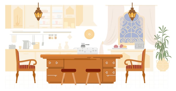 Arabian kitchen interior with no people flat illustration. vector