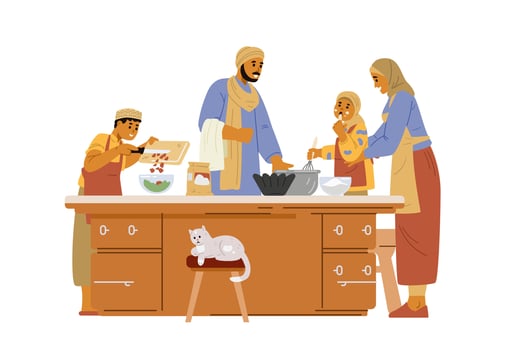 Muslim family parents and children preparing food together flat illustration isolated on white. vector
