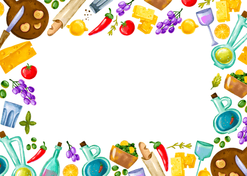 Frame horizontal with ingredients for restaurant, food and prepared dishes. Menu and food. Isolated background png