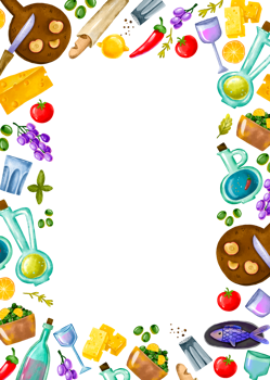 Frame vertical with ingredients for restaurant, food and prepared dishes. Menu and food. Isolated background png