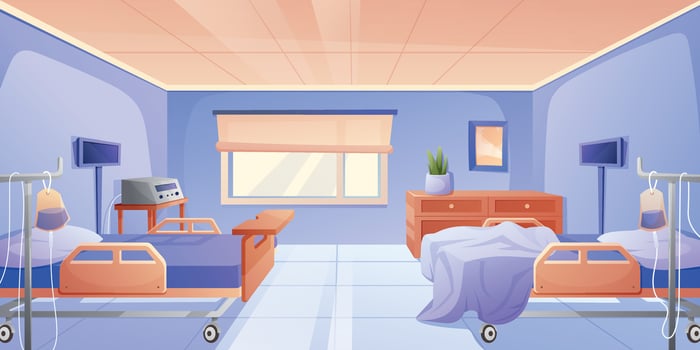 Hospital ward interior with patient beds, equipment and window. cartoon horizontal illustration of room design. Suitable for game background. vector
