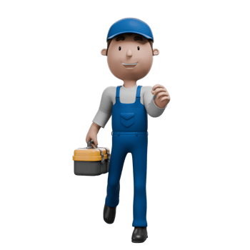 A 3D cartoon mechanic character walking confidently with a toolbox, wearing blue overalls and a smile on his face. png