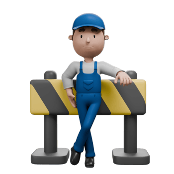 A 3D cartoon mechanic in blue overalls, casually leaning on a yellow and black construction barrier, exuding a relaxed and professional demeanor. png