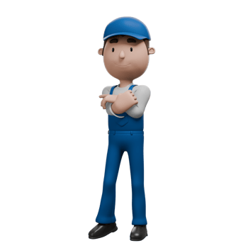 A 3D cartoon mechanic character in blue overalls confidently standing with arms crossed, wearing a blue cap and smiling. png