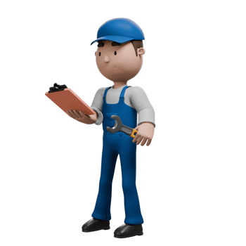 A 3D cartoon mechanic holding a clipboard and wrench, focusing on a task, dressed in blue overalls and a matching cap. png