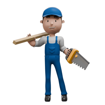 A 3D cartoon mechanic holding a saw in one hand and a wooden plank in the other, wearing blue overalls and smiling confidently. png