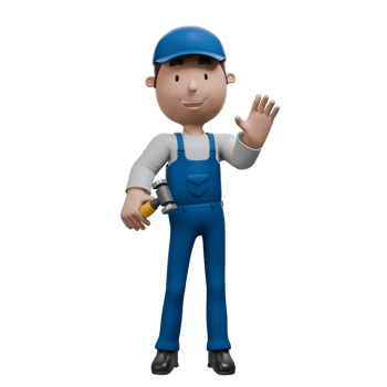 A 3D cartoon mechanic waving with one hand and holding a hammer in the other, dressed in blue overalls and smiling. png