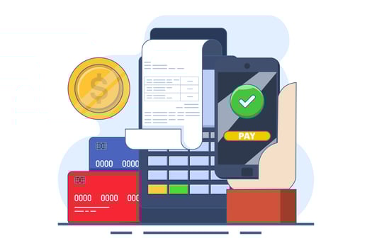 Concept of e-payment, mobile banking, billing, invoice, online bill payment with icons. Online payment and digital billing. Mobile banking app and debit card payment. Flat illustration. vector