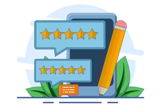 Online feedback concept. Write a comment about the product. Survey form. Pencil with five star customer reviews and speech bubble message. Forum with poll. Best rating. Flat illustration. vector
