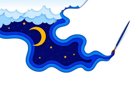 Paint brush and paper cut night sky with crescent vector