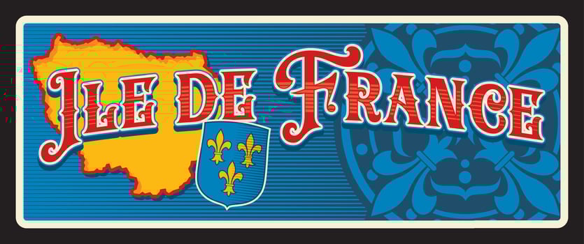 Ile de France french region, retro travel plate vector