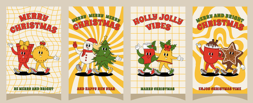 Groovy retro Merry Christmas and Happy New year posters. Set of christmas characters for posters, party invitations, greeting cards, stories template, postcard, prints in groovy style. vector