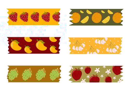 Set of hand drawn patterned washi tape isolated on white background. Fruit pattern masking tape . vector