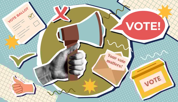 Vote collage in pop art style. Election campaign. Vote banner. Voting concept. Democracy vote. vector